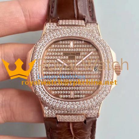 Replica Patek Philippe Nautilus Jumbo 5719/1G-001 DM Rose Gold & Diamonds Diamond Dial Swiss 324SC