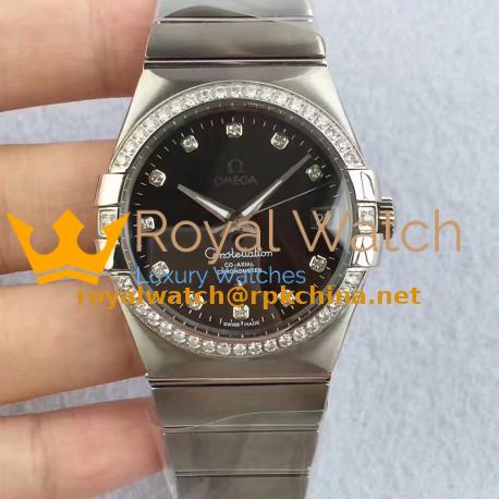 Replica Omega Constellation 123.55.38.20.99.001 38MM SSS Stainless Steel & Diamonds Black Dial Swiss 8500