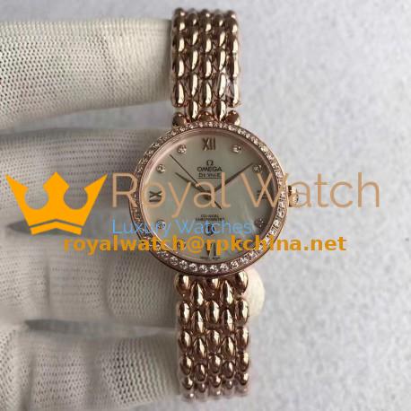 Replica Omega De Ville Dewdrop 424.55.33.20.55.007 XF Rose Gold & Diamonds Mother Of Pearl Dial Swiss 8521