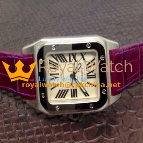 Replica Cartier Santos 100 Midsize Stainless Steel White Dial Purple Leather Strap Swiss 2836-2