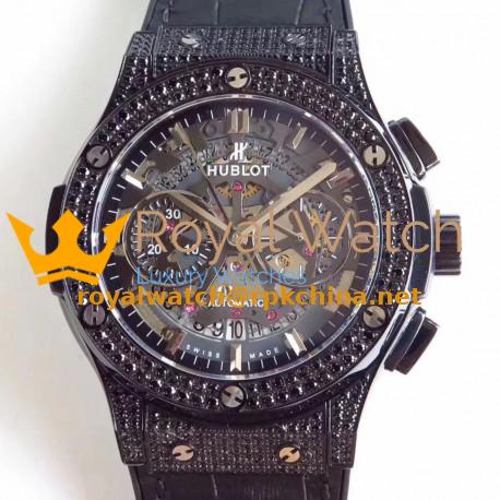 Replica Hublot Classic Fusion Aerofusion Black Magic 525.CM.0170.RX HBB V6 Ceramic & Diamonds Black Skeleton Dial Swiss 7750