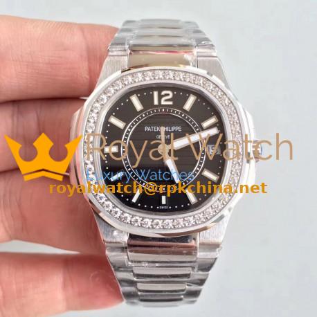 Replica Patek Philippe Nautilus Ladies 7010/1G-010 JJ Stainless Steel & Diamonds Black Dial Swiss Quartz E23-250 S C