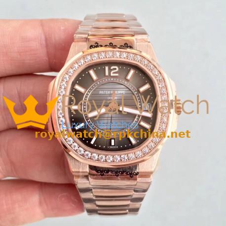Replica Patek Philippe Nautilus Ladies 7010/1R-010 JJ Rose Gold & Diamonds Brown Dial Swiss Quartz E23-250 S C
