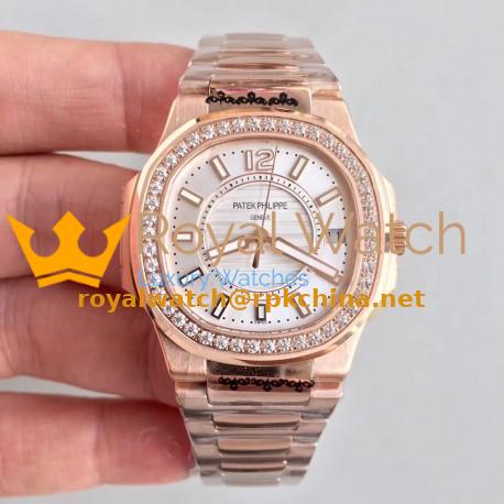 Replica Patek Philippe Nautilus Ladies 7010/1R-011 JJ Rose Gold & Diamonds Silver Dial Swiss Quartz E23-250 S C