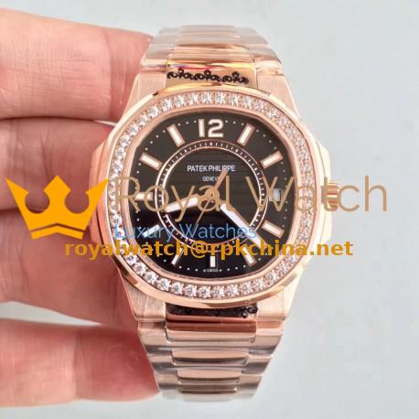 Replica Patek Philippe Nautilus Ladies 7010/1R-010 JJ Rose Gold & Diamonds Black Dial Swiss Quartz E23-250 S C