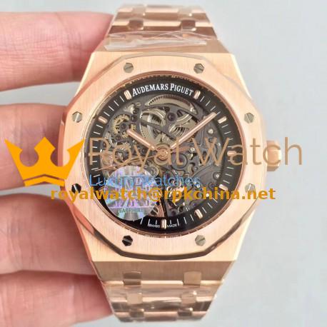 Replica Audemars Piguet Royal Oak Double Balance Wheel Openworked 15407 JF Rose Gold Black Skeleton Dial Swiss 3132