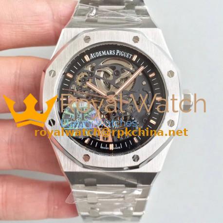 Replica Audemars Piguet Royal Oak Double Balance Wheel Openworked 15407 JF Stainless Steel Black Skeleton Dial Swiss 3132