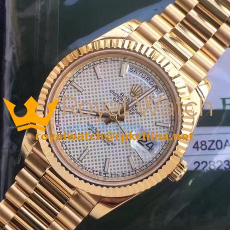 Replica Rolex Day-Date 40 228235 2018 EW Yellow Gold Silver Diagonal Dial Swiss 3255
