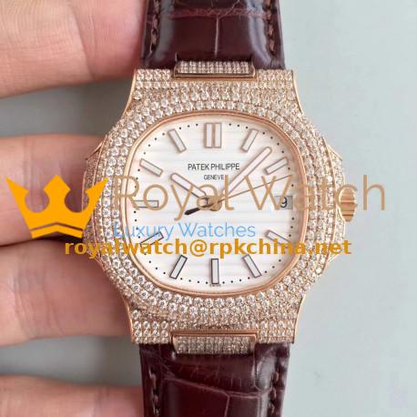 Replica Patek Philippe Nautilus Jumbo 5719/1G-001 2018 N Rose Gold & Diamonds White Dial Swiss 324SC