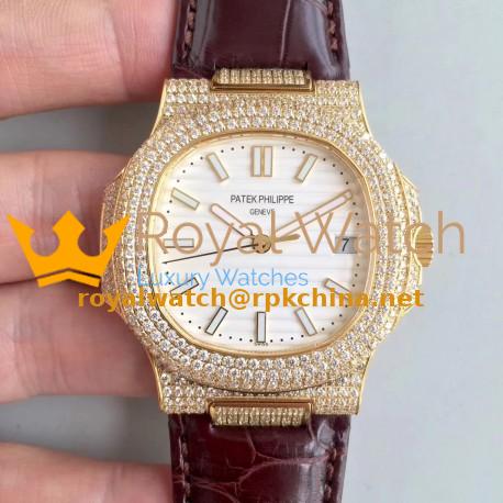 Replica Patek Philippe Nautilus Jumbo 5719/1G-001 2018 N Yellow Gold & Diamonds White Dial Swiss 324SC