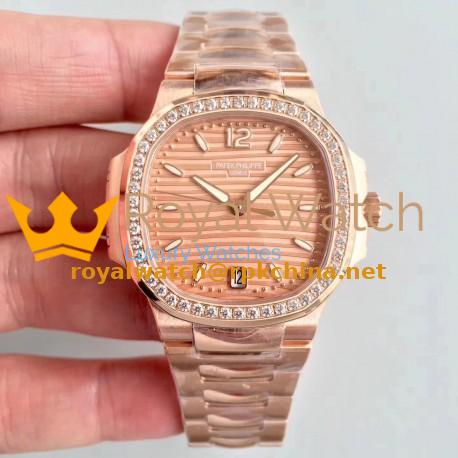 Replica Patek Philippe Ladies Nautilus 7118/1200R PF Rose Gold & Diamonds Rose Gold Dial Swiss 324SC