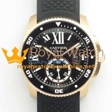 Replica Calibre De Cartier Diver W7100052 42MM JF Rose Gold Black Dial A23J