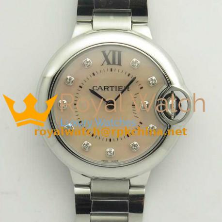Replica Ballon Bleu De Cartier Ladies 33MM W6920100 V6 Stainless Steel Pink Mother Of Pearl Dial Swiss Ronda Quartz