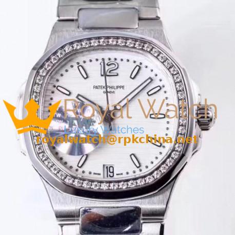 Replica Patek Philippe Nautilus Ladies 7018/1A-001 TW Stainless Steel & Diamonds White Dial Swiss 324SC