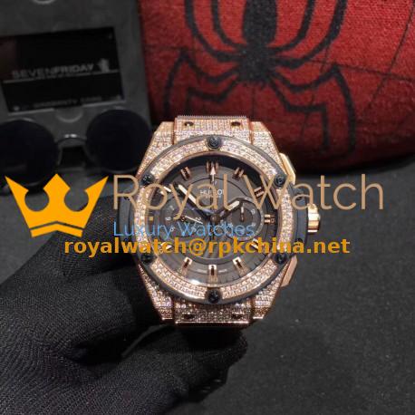 Replica Hublot Big Bang King Power Foudroyante Gold 715.PX.1128.RX HBB V6 Rose Gold & Diamonds Chocolate Dial Swiss 7750
