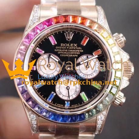 Replica Rolex Daytona Cosmograph Rainbow 116595RBOW BL Rose Gold & Diamonds Black Dial Swiss 4130 Run 6@SEC