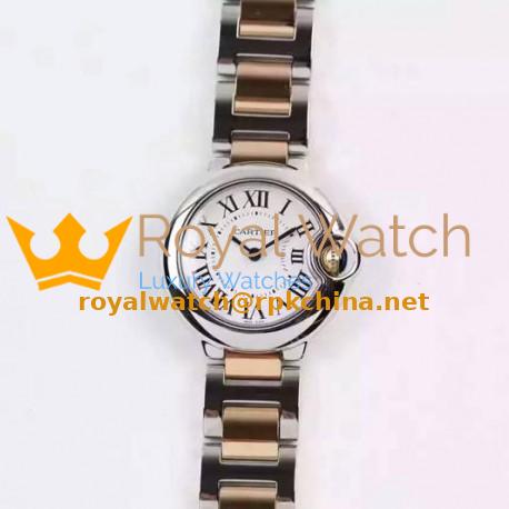 Replica Cartier Ballon Bleu 28MM Ladies Rose Gold & Stainless Steel White Dial Swiss Ronda Quartz