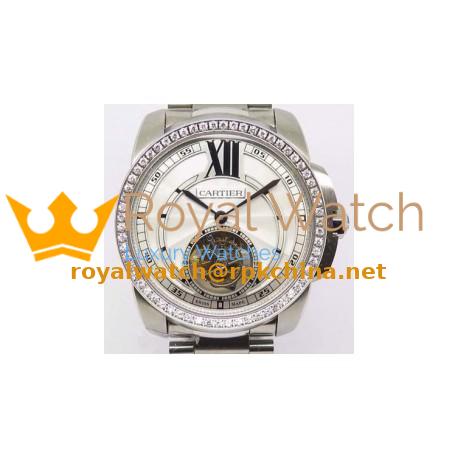 Replica Calibre De Cartier Tourbillon Stainless Steel & Diamonds White Dial Swiss Tourbillon