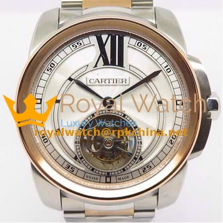 Replica Calibre de Cartier Tourbillon Stainless Steel & Rose Gold White Dial Swiss Tourbillon