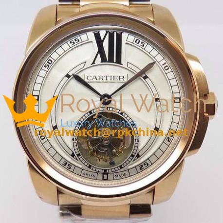 Replica Calibre De Cartier Tourbillon Rose Gold White Dial Swiss Tourbillon