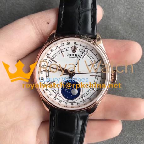 Replica Rolex Cellini Moonphase 50535 RXW Rose Gold White Dial Swiss 2824