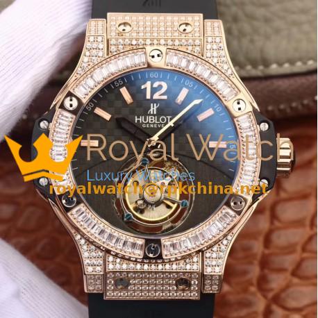 Replica Hublot Big Bang Tourbillon Solo Bang Noob Rose Gold & Diamonds Carbon Fiber Dial Swiss Tourbillon
