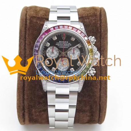 Replica Rolex Daytona Cosmograph Rainbow 116599RBOW BL Stainless Steel & Diamonds Black Dial Swiss 4130 Run 6@SEC