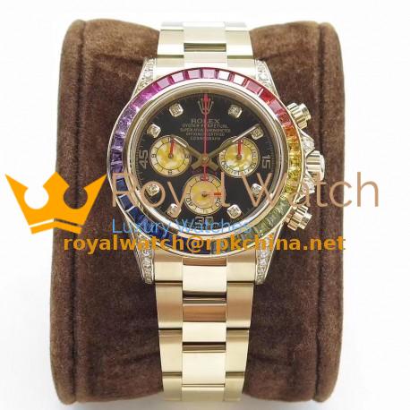 Replica Rolex Daytona Cosmograph Rainbow 116589RBOW BL Yellow Gold & Diamonds Black Dial Swiss 4130 Run 6@SEC