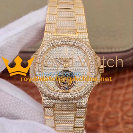 Replica Patek Philippe Nautilus Jumbo 5711 R8 Yellow Gold & Diamonds Diamond Dial Swiss Tourbillon