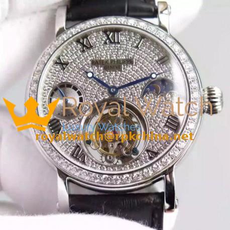 Replica Patek Philippe Tourbillon Moonphase Power Reserve Stainless Steel Diamonds Bezel Swiss Tourbillon