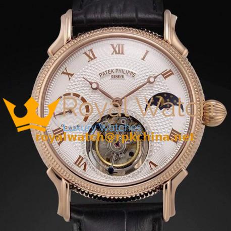 Replica Patek Philippe Tourbillon Moonphase Power Reserve Rose Gold White Dial Swiss Tourbillon