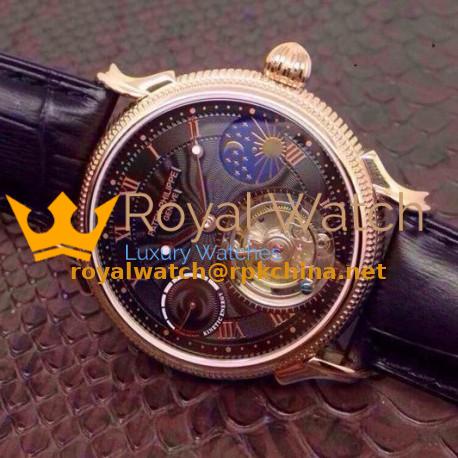 Replica Patek Philippe Tourbillon Moonphase Power Reserve Rose Gold Black Dial Swiss Tourbillon