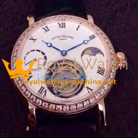 Replica Patek Philippe Tourbillon Moonphase Power Reserve Rose Gold Diamonds Bezel Swiss Tourbillon
