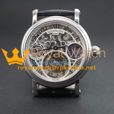 Replica Patek Philippe Tourbillon Moonphase Power Reserve Stainless Steel Skeleton Dial Swiss Tourbillon