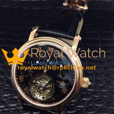 Replica Patek Philippe Tourbillon Moonphase 24H Power Reserve Rose Gold Black Dial Swiss Tourbillon