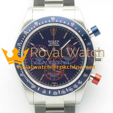 Replica Rolex Daytona Cosmograph Blue/Red Pushers BP Stainless Steel Blue Dial Swiss 4130 Run 6@SEC