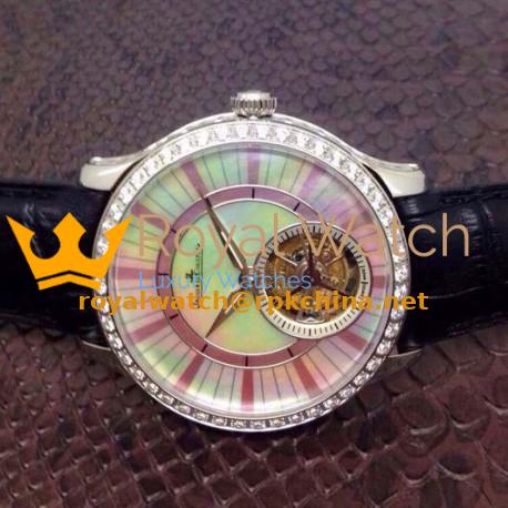 Replica Jaeger-LeCoultre Master Tourbillon SS Diamonds Bezel White MOP Dial on Black Leather Strap