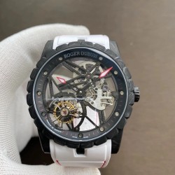 Excalibur Flying Tourbillon DBEX0577 BBRF Forged Carbon Skeleton Dial White Strap Swiss Tourbillon
