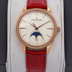 Master Ultra Thin Moon 34mm TWF RG & Diamond Beige Dial Red Leather Strap Swiss JLC 925