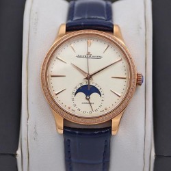 Master Ultra Thin Moon 34mm TWF RG & Diamond Beige Dial Blue Leather Strap Swiss JLC 925