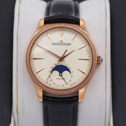Master Ultra Thin Moon 34mm TWF RG & Diamond Beige Dial Black Leather Strap Swiss JLC 925