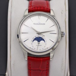 Master Ultra Thin Moon 34mm TWF SS Silver Dial Red Leather Strap Swiss JLC 925