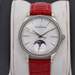 Master Ultra Thin Moon 34mm TWF SS & Diamond Silver Dial Red Leather Strap Swiss JLC 925