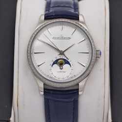 Master Ultra Thin Moon 34mm TWF SS & Diamond Silver Dial Blue Leather Strap Swiss JLC 925