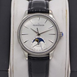 Master Ultra Thin Moon 34mm TWF SS & Diamond Silver Dial Black Leather Strap Swiss JLC 925