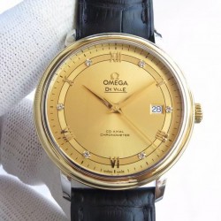 De Ville Prestige TWF YG & SS Gold Dial Black Leather Strap Swiss 2824