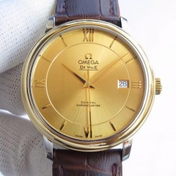 De Ville Prestige TWF YG & SS Gold Dial Brown Leather Strap Swiss 2824