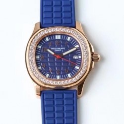 Aquanaut Luce Lady 5067A PPF RG & Diamond Blue Dial Red Hand Blue Strap Swiss Ronda Quartz