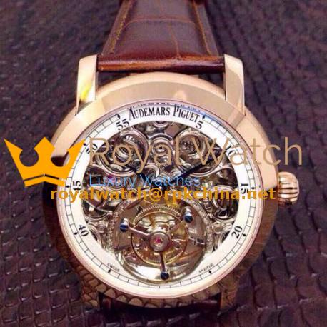 Replica Audemars Piguet Jules Audemars Tourbillon Rose Gold Skeleton & White Dial Swiss Tourbillon