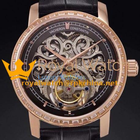 Replica Vacheron Constantin Patrimony Tourbillon Rose Gold & Diamonds Skeleton & Black Dial Swiss Tourbillon